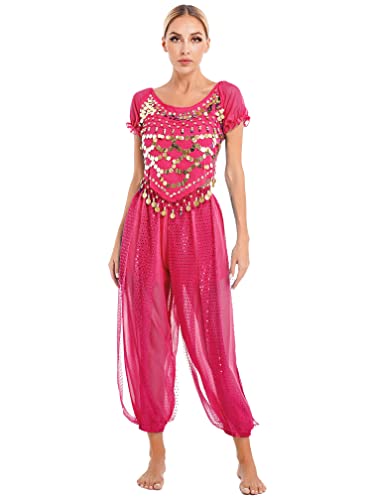 MSemis Damen Bauchtanz Kostüm Set Pailletten Tanzkleidung Indische Tanz Performance-Kleidung Halloween Karneval Tanzende Professionel Kostüm A Hot Pink XL von MSemis