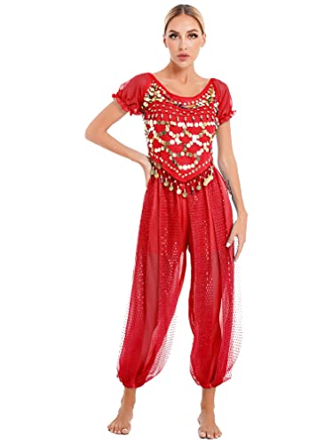 MSemis Damen Bauchtanz Kostüm Set Pailletten Tanzkleidung Indische Tanz Performance-Kleidung Halloween Karneval Tanzende Professionel Kostüm A Rot M von MSemis