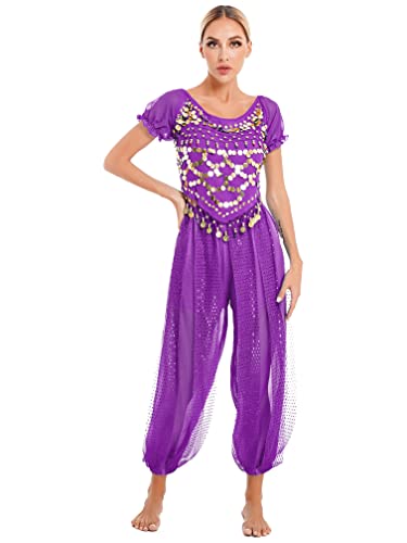 MSemis Damen Bauchtanz Kostüm Set Pailletten Tanzkleidung Indische Tanz Performance-Kleidung Halloween Karneval Tanzende Professionel Kostüm A Violett XL von MSemis