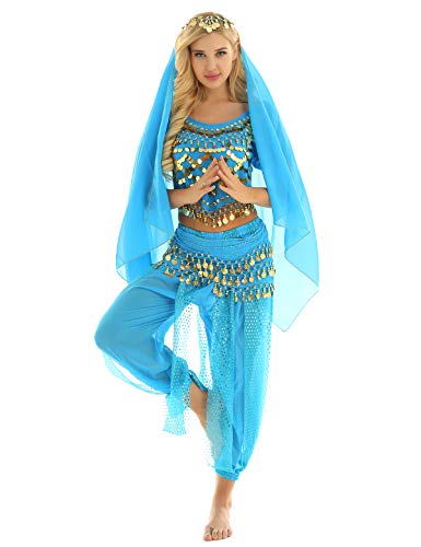 MSemis Damen Bauchtanz Kostüm Set Pailletten Tanzkleidung Indische Tanz Performance-Kleidung Halloween Karneval Tanzende Professionel Kostüm See Blau Einheitsgröße von MSemis