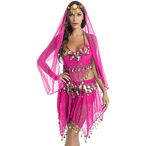MSemis Damen Bauchtanz Kostüm Set Pailletten Tanzkleidung Indische Tanz Performance-Kleidung Halloween Karneval Tanzende Professionel Kostüm Z Hot Rosa Einheitsgröße von MSemis