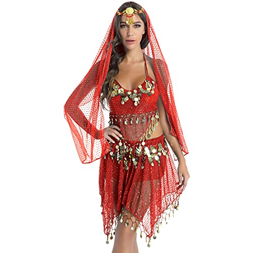 MSemis Damen Bauchtanz Kostüm Set Pailletten Tanzkleidung Indische Tanz Performance-Kleidung Halloween Karneval Tanzende Professionel Kostüm Z Rot Einheitsgröße von MSemis