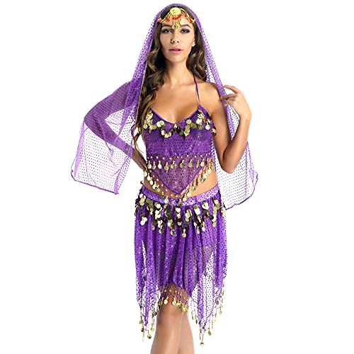 MSemis Damen Bauchtanz Kostüm Set Pailletten Tanzkleidung Indische Tanz Performance-Kleidung Halloween Karneval Tanzende Professionel Kostüm Z Violett Einheitsgröße von MSemis