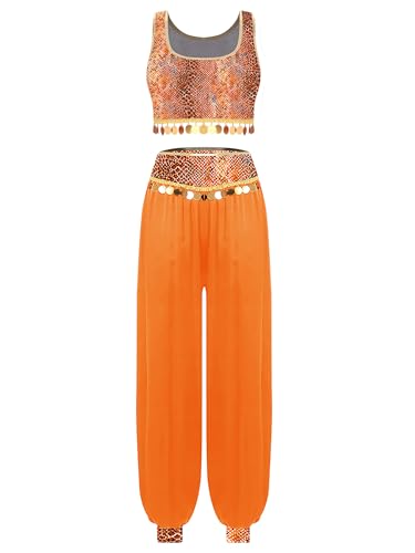 MSemis Damen Bauchtanz Tänzer Outfit mit Schlangendruck Quadratischer Ausschnitt Paillettenfransen 2 -teiliges Kostüm Orange L von MSemis