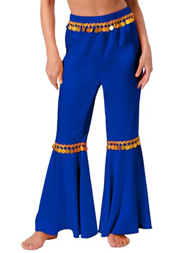 MSemis Damen Bauchtanzhosen Metallic Baggy Haremshose Lang Tanzhosen Glänzende Schlaghose 80er Jahre Punk Party Outfit Navy blau L von MSemis