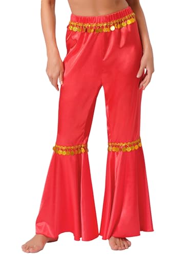 MSemis Damen Bauchtanzhosen Metallic Baggy Haremshose Lang Tanzhosen Glänzende Schlaghose 80er Jahre Punk Party Outfit Rot M von MSemis