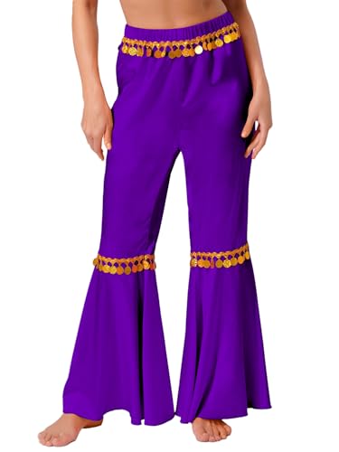 MSemis Damen Bauchtanzhosen Metallic Baggy Haremshose Lang Tanzhosen Glänzende Schlaghose 80er Jahre Punk Party Outfit Violett XXL von MSemis