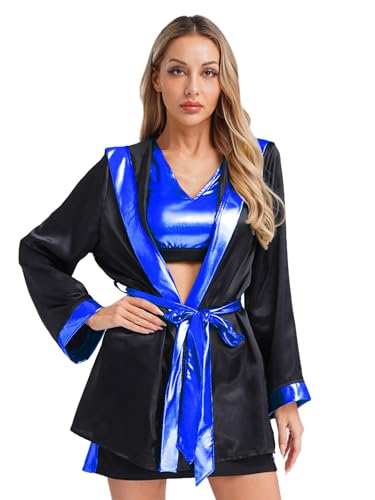 MSemis Damen Boxer Kostüm 4 Teilig mit Tanktop +Rock +Kapuzen Boxermantel +Gürtel Halloween Cosplay Fasching Party Set Schwarz Blau XXL MSemis Damen Boxer Kostüm 4 Teilig mit Tanktop +Rock +Kapuzen Boxermantel +Gürtel Halloween Cosplay Fasching Party Set Schwarz Blau XXL von MSemis