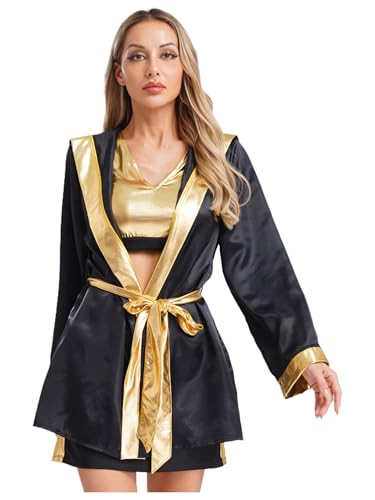 MSemis Damen Boxer Kostüm 4 Teilig mit Tanktop +Rock +Kapuzen Boxermantel +Gürtel Halloween Cosplay Fasching Party Set Schwarzes Gold XXL MSemis Damen Boxer Kostüm 4 Teilig mit Tanktop +Rock +Kapuzen Boxermantel +Gürtel Halloween Cosplay Fasching Party Set Schwarzes Gold XXL von MSemis