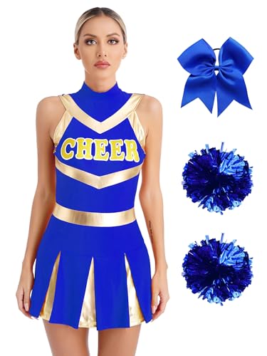 MSemis Damen Cheer-Lader Kostüm Cheerleading Outfit Karneval Fasching Party Halloween Kostüm Tanzen Uniform mit 2 Pompoms und Bowknot-Haarband Königsblau XL von MSemis