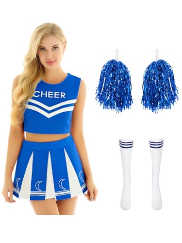 MSemis Damen Cheerleading Kostüm 4tlg Crop Tops mit Rock Pompoms Socken Tanzen Uniform Für Fasching Halloween Blau M MSemis Damen Cheerleading Kostüm 4tlg Crop Tops mit Rock Pompoms Socken Tanzen Uniform Für Fasching Halloween Blau M von MSemis