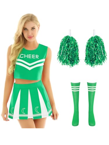 MSemis Damen Cheerleading Kostüm 4tlg Crop Tops mit Rock Pompoms Socken Tanzen Uniform Für Fasching Halloween Grün XXL MSemis Damen Cheerleading Kostüm 4tlg Crop Tops mit Rock Pompoms Socken Tanzen Uniform Für Fasching Halloween Grün XXL von MSemis