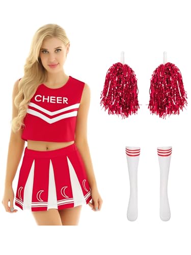 MSemis Damen Cheerleading Kostüm 4tlg Crop Tops mit Rock Pompoms Socken Tanzen Uniform Für Fasching Halloween Rot XXL MSemis Damen Cheerleading Kostüm 4tlg Crop Tops mit Rock Pompoms Socken Tanzen Uniform Für Fasching Halloween Rot XXL von MSemis