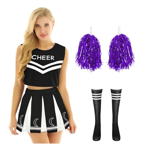MSemis Damen Cheerleading Kostüm 4tlg Crop Tops mit Rock Pompoms Socken Tanzen Uniform Für Fasching Halloween Schwarz XL von MSemis