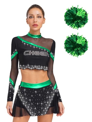 MSemis Damen Cheerleading Outfit für Damen mit Pompons Handblume Crop-Top Tanzrock Tanzkostüm Halloween Fasching Party Kostüm Grün XL von MSemis