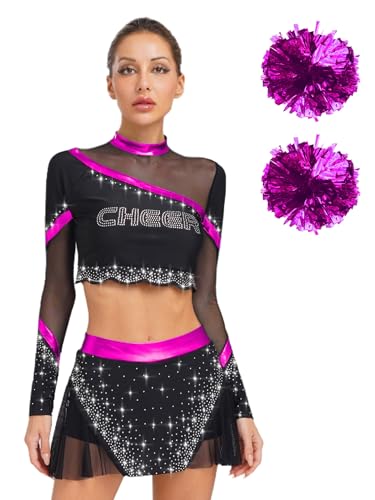 MSemis Damen Cheerleading Outfit für Damen mit Pompons Handblume Crop-Top Tanzrock Tanzkostüm Halloween Fasching Party Kostüm Hot Pink S von MSemis