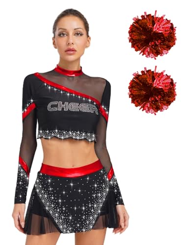 MSemis Damen Cheerleading Outfit für Damen mit Pompons Handblume Crop-Top Tanzrock Tanzkostüm Halloween Fasching Party Kostüm Rot S MSemis Damen Cheerleading Outfit für Damen mit Pompons Handblume Crop-Top Tanzrock Tanzkostüm Halloween Fasching Party Kostüm Rot S von MSemis