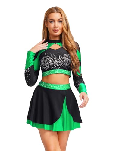 MSemis Damen Cheerleading Set Langarm Top mit Farblock Minirock Zweiteiliger School Musical Tanz Uniform Karneval Fasching Grün XL MSemis Damen Cheerleading Set Langarm Top mit Farblock Minirock Zweiteiliger School Musical Tanz Uniform Karneval Fasching Grün XL von MSemis
