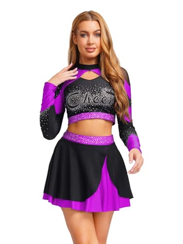 MSemis Damen Cheerleading Set Langarm Top mit Farblock Minirock Zweiteiliger School Musical Tanz Uniform Karneval Fasching Violett XXL MSemis Damen Cheerleading Set Langarm Top mit Farblock Minirock Zweiteiliger School Musical Tanz Uniform Karneval Fasching Violett XXL von MSemis