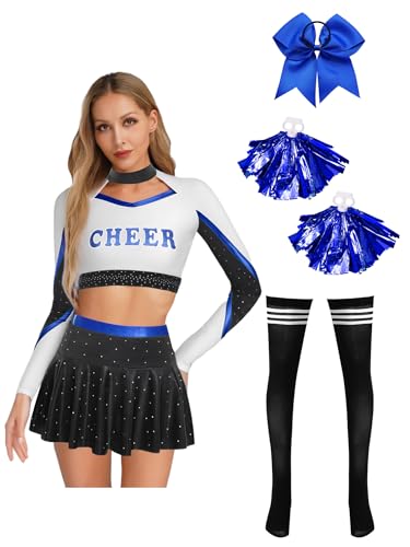 MSemis Damen Cheerleading Tanzkostüm Langarm Top und Minirock mit Strasssteinen für Partys und Shows Schwarz Blau M MSemis Damen Cheerleading Tanzkostüm Langarm Top und Minirock mit Strasssteinen für Partys und Shows Schwarz Blau M von MSemis