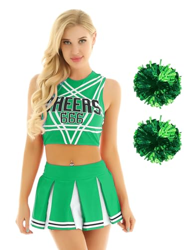 MSemis Damen Cheerleading Uniform Ärmellose Crop Top mit Mini Plissee Rock und Pompons Halloween Party Verkleidung Karneval Grün A L von MSemis