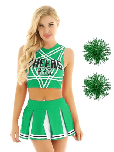 MSemis Damen Cheerleading Uniform Ärmellose Crop Top mit Mini Plissee Rock und Pompons Halloween Party Verkleidung Karneval Grün B M von MSemis