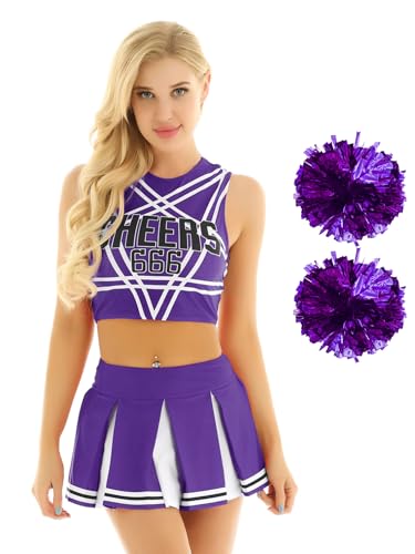 MSemis Damen Cheerleading Uniform Ärmellose Crop Top mit Mini Plissee Rock und Pompons Halloween Party Verkleidung Karneval Lila A S von MSemis
