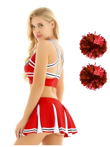 MSemis Damen Cheerleading Uniform Ärmellose Crop Top mit Mini Plissee Rock und Pompons Halloween Party Verkleidung Karneval Rot A S von MSemis