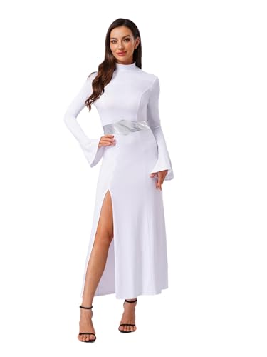 MSemis Damen Cosplay Kleid Langarm Prinzessinkleid mit Schlitzsaum Weiß Maxi Partykleid für Halloween Karneval Weiß M von MSemis
