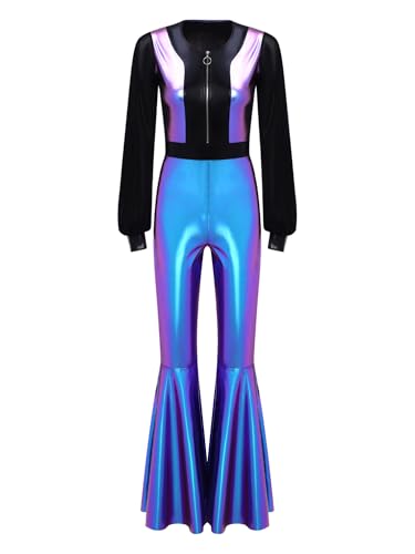 MSemis Damen Disco Jumpsuit Vintage Langarm Overall Schlaghose mit Rüschen Glänzende Tanzanzug Hippe Kostüm Blau 3XL MSemis Damen Disco Jumpsuit Vintage Langarm Overall Schlaghose mit Rüschen Glänzende Tanzanzug Hippe Kostüm Blau 3XL von MSemis