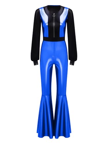 MSemis Damen Disco Jumpsuit Vintage Langarm Overall Schlaghose mit Rüschen Glänzende Tanzanzug Hippe Kostüm Königsblau L MSemis Damen Disco Jumpsuit Vintage Langarm Overall Schlaghose mit Rüschen Glänzende Tanzanzug Hippe Kostüm Königsblau L von MSemis
