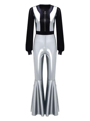 MSemis Damen Disco Jumpsuit Vintage Langarm Overall Schlaghose mit Rüschen Glänzende Tanzanzug Hippe Kostüm Silber L MSemis Damen Disco Jumpsuit Vintage Langarm Overall Schlaghose mit Rüschen Glänzende Tanzanzug Hippe Kostüm Silber L von MSemis