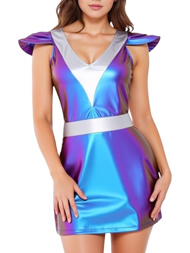 MSemis Damen Glänzend Metallic Minikleid Weltraumkostüm Ärmellos Faltenkleid Kurz Partykleid Skaterkleid Halloween Facshing Mottoparty Outfit Bunt L MSemis Damen Glänzend Metallic Minikleid Weltraumkostüm Ärmellos Faltenkleid Kurz Partykleid Skaterkleid Halloween Facshing Mottoparty Outfit Bunt L von MSemis