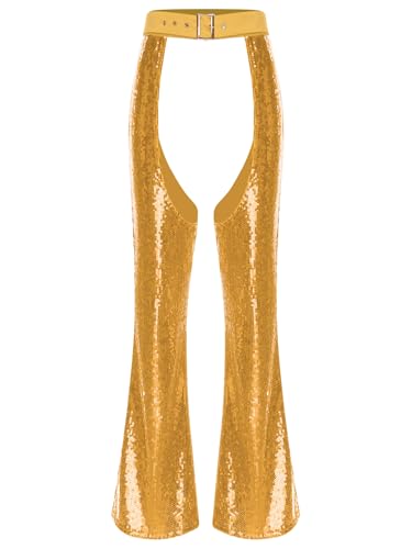 MSemis Damen Glitzer Pailletten Schlaghose Ouvert Stretch Hosen 70er Cowgirl Leggings Festlich Karneval Kostüm Gold M von MSemis