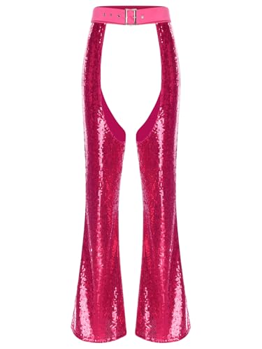MSemis Damen Glitzer Pailletten Schlaghose Ouvert Stretch Hosen 70er Cowgirl Leggings Festlich Karneval Kostüm Hot Pink XXL MSemis Damen Glitzer Pailletten Schlaghose Ouvert Stretch Hosen 70er Cowgirl Leggings Festlich Karneval Kostüm Hot Pink XXL von MSemis