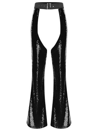 MSemis Damen Glitzer Pailletten Schlaghose Ouvert Stretch Hosen 70er Cowgirl Leggings Festlich Karneval Kostüm Schwarz XXL von MSemis