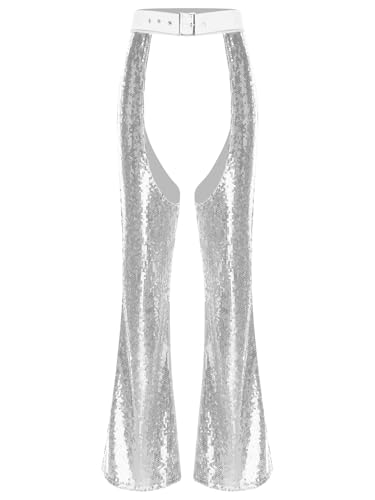 MSemis Damen Glitzer Pailletten Schlaghose Ouvert Stretch Hosen 70er Cowgirl Leggings Festlich Karneval Kostüm Silber L MSemis Damen Glitzer Pailletten Schlaghose Ouvert Stretch Hosen 70er Cowgirl Leggings Festlich Karneval Kostüm Silber L von MSemis