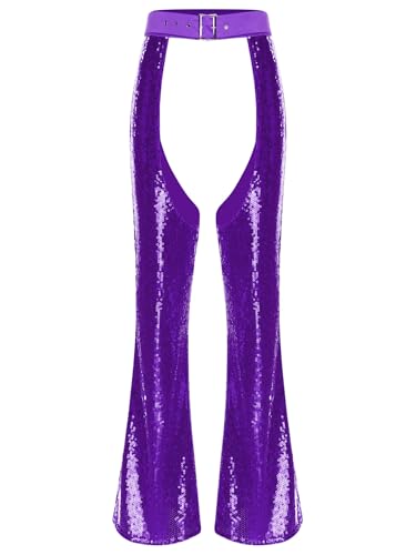 MSemis Damen Glitzer Pailletten Schlaghose Ouvert Stretch Hosen 70er Cowgirl Leggings Festlich Karneval Kostüm Violett L MSemis Damen Glitzer Pailletten Schlaghose Ouvert Stretch Hosen 70er Cowgirl Leggings Festlich Karneval Kostüm Violett L von MSemis