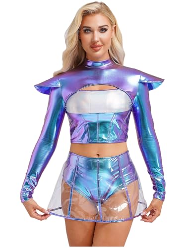 MSemis Damen Halloween Alien Outerspace Kostüm Metallic Langarm Crop Top mit Minirock Space Girl Rollenspiel Kostüm Bunt M MSemis Damen Halloween Alien Outerspace Kostüm Metallic Langarm Crop Top mit Minirock Space Girl Rollenspiel Kostüm Bunt M von MSemis