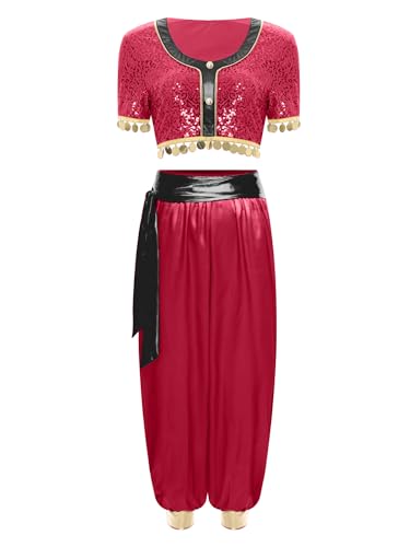 MSemis Damen Halloween Bauchtanz Outfit Prinzessin Kostüm 2-teilig Glitzer Crop Top Satin Hose Indische Verkleidung Party Set Burgundy S MSemis Damen Halloween Bauchtanz Outfit Prinzessin Kostüm 2-teilig Glitzer Crop Top Satin Hose Indische Verkleidung Party Set Burgundy S von MSemis