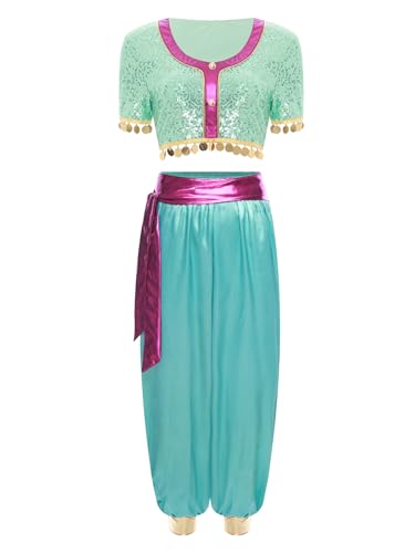 MSemis Damen Halloween Bauchtanz Outfit Prinzessin Kostüm 2-teilig Glitzer Crop Top Satin Hose Indische Verkleidung Party Set Minzgrün XL MSemis Damen Halloween Bauchtanz Outfit Prinzessin Kostüm 2-teilig Glitzer Crop Top Satin Hose Indische Verkleidung Party Set Minzgrün XL von MSemis