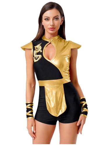 MSemis Damen Halloween Ninja Cosplay Anzug Drachenprint Glänzend Romper mit Armstulpen Partys Rollenspiele Kurz Jumpsuit Gold XXL von MSemis
