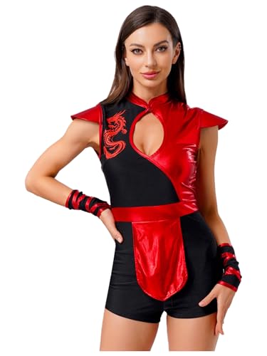 MSemis Damen Halloween Ninja Cosplay Anzug Drachenprint Glänzend Romper mit Armstulpen Partys Rollenspiele Kurz Jumpsuit Rot M von MSemis