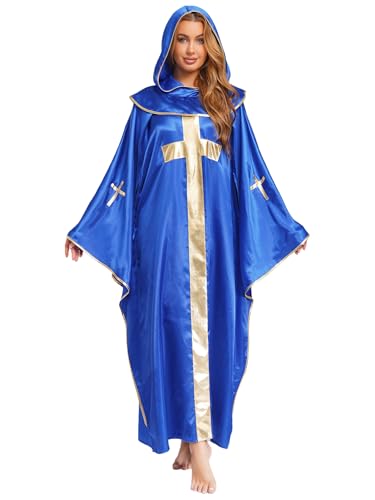 MSemis Damen Halloween Priester Cosplay Robe mit Kapuzen Glänzende Langarm Mittelalte Gewand Kostüm Vintage MaxiKleid Königsblau XXL von MSemis