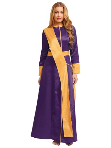 MSemis Damen Halloween Priester Cosplay Robe mit Stola Langarm Mittelalterliches Priester Maxikleider Faschingskostüme Violett XXL von MSemis