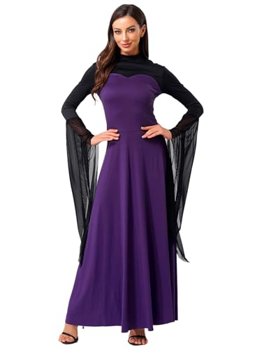 MSemis Damen Hexe Vampire Böse Königin Cosplay Kleid Langarm Viktorianisches Maxikleid Partykleid Gothic Halloween Kostüm Violett L von MSemis