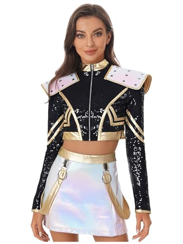 MSemis Damen Jägerkostüm Outfit Jäger Cosplay Kostüm Rave Outfits 2-Teil-Set Oberteil mit Minirock Tanzoutfits Halloween Party Raves Disco-Kleid Schwarz XL von MSemis