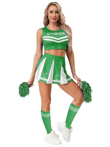 MSemis Damen Kostüm Cheerleading Pom Poms Crop Top Faltenrock Und Strümpfe Erwachsene High School Musical Outfit Karneval Tanzanzug Verkleidung Grün XXL von MSemis