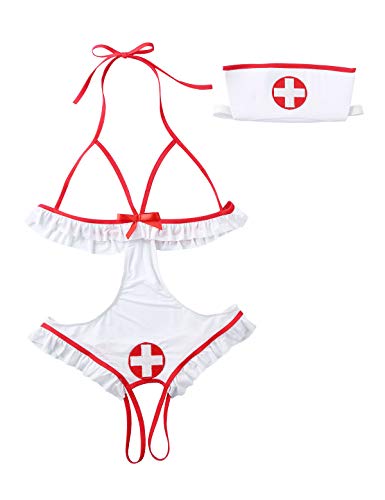 MSemis Damen Krankenschwester Kostüm Erotik Dessous-Sets mit Hut Brustfrei Bra Rückenfrei Pflegeuniformen Cosplay Kostüm Verkleidung A Weiß S von MSemis
