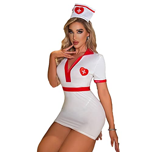 MSemis Damen Krankenschwester Kostüm Erotik Dessous-Sets mit Hut Brustfrei Bra Rückenfrei Pflegeuniformen Cosplay Kostüm Verkleidung N Weiß M von MSemis